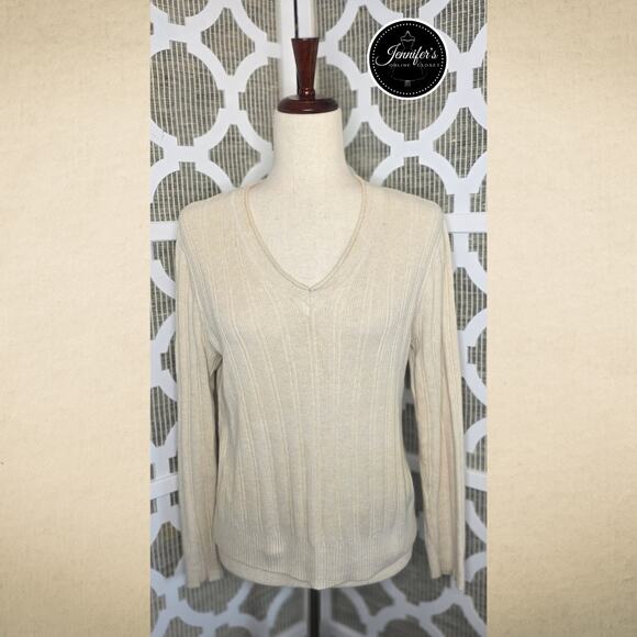 Jeanne Pierre Beige V Neck Long Sleeve Pullover Sweater Size Large - Picture 1 of 9
